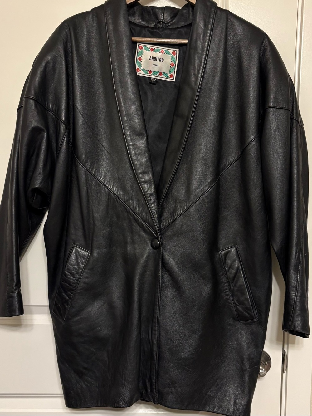 Vintage Arbitro Piel Oversized Black Leather Coat Shawl Collar - Size L